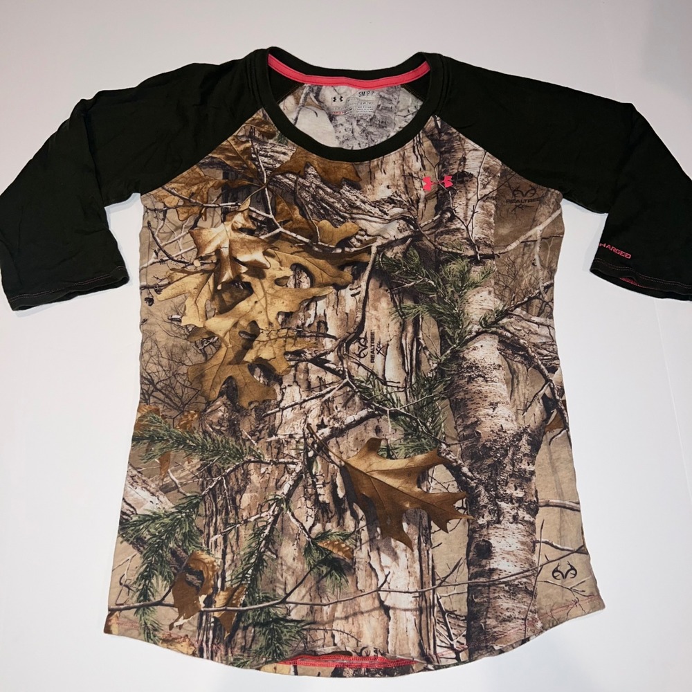 Under Armour Realtree Camo Shirt Womens SM Brown Green HeatGear Raglan Excellent